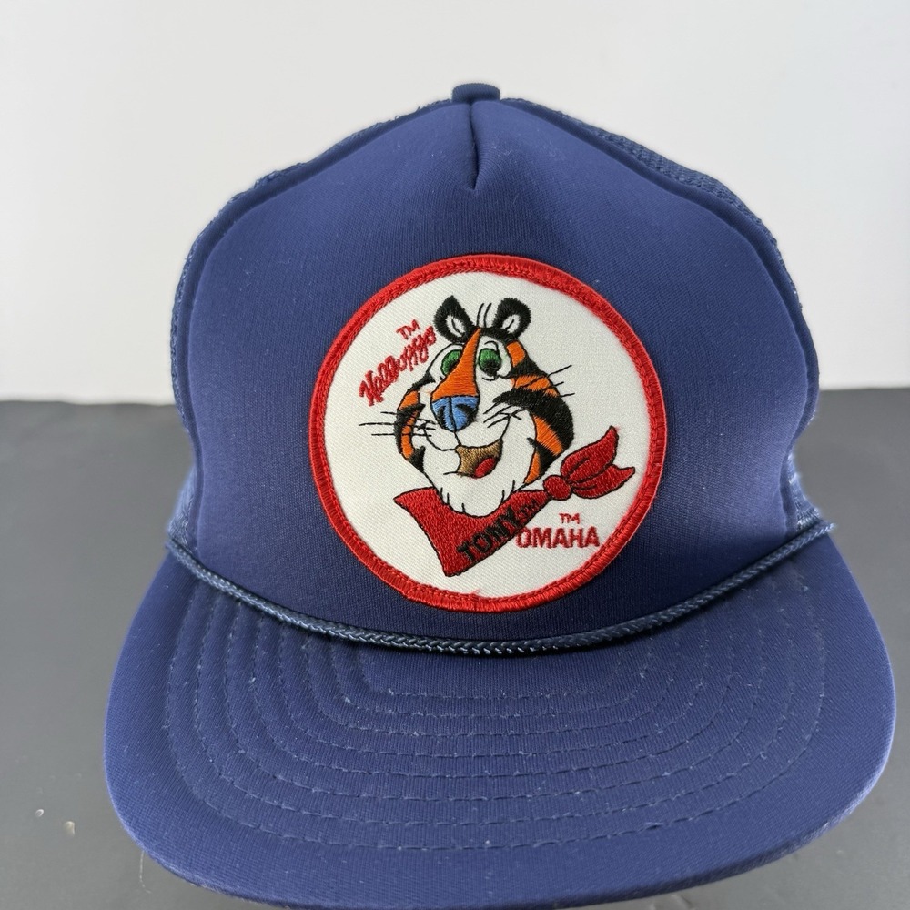 Vintage Kellogg's Tony the Tiger Trucker Hat San Sun Blue Snapback Omaha Cap